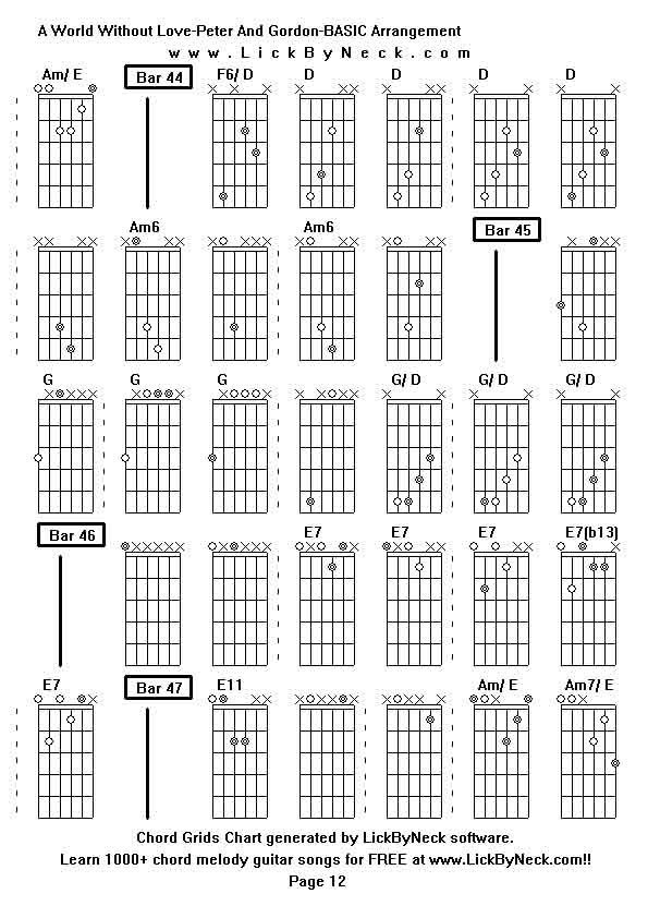 Chord Grids Chart of chord melody fingerstyle guitar song-A World Without Love-Peter And Gordon-BASIC Arrangement,generated by LickByNeck software.